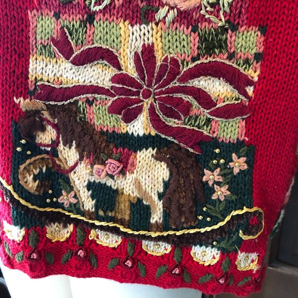 Vintage Tiara Petites Size PM Red Cardigan Sweater 2000 Teddy Bear Fair Isle - Picture 8 of 13